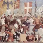 Byzantine's Transformation - Detail from the fresco cycle of the "Legend of the Holy Cross" in the choir of the Basilica of San Francesco in Arezzo.
