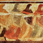 Fresco of dancing Peucetian women from the Tomb of the Dancers in the Corso Cotugno necropolis of Ruvo di Puglia. End of the fifth century BC or mid-fourth century BC. Naples National Archaeological Museum