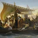 The leaders of the Crusade on Greek ships crossing the Bosporus, a romantic painting from the 19th century