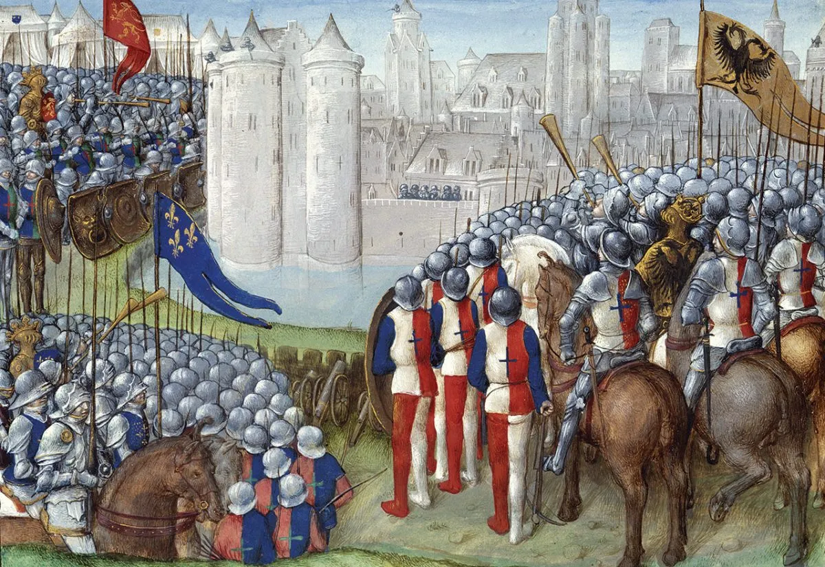 Crusades besieging Damascus, under banners of England, France and the Holy Roman Empire, during the Second Crusade, 1148