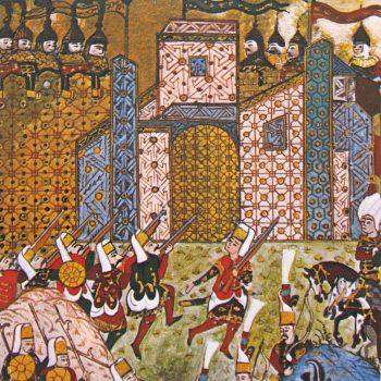 Janissaries battling the Knights Hospitaller, who are depicted wearing Eastern Armour. during the Siege of Rhodes in 1522
