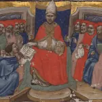Boniface receiving some medical writings from Galvano da Levanto in the presence of his cardinals. Miniature from the actual presentation copy.