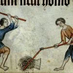 Two men threshing sheaf - Luttrell Psalter (c.1325-1335)