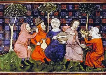 Peasants sharing a simple meal of bread and drink; Livre du roi Modus et de la reine Ratio, 14th century