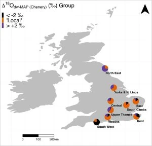 Map of regions in early medieval England and their proportional make up of Δ18Odw-MAP (Chenery) value classifications