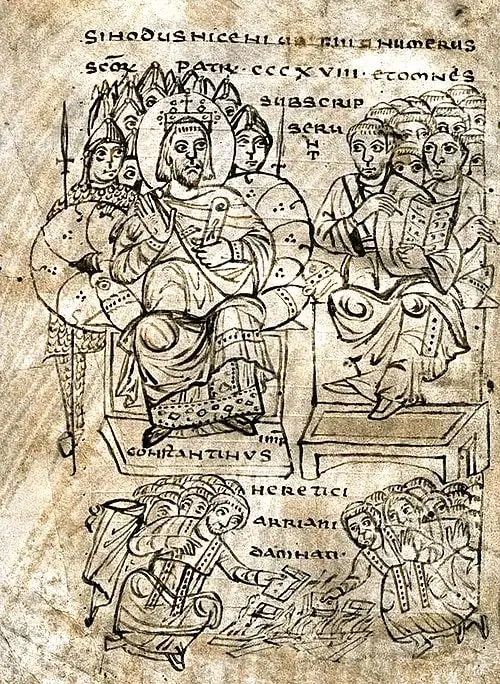 Emperor Constantine and the Council of Nicaea. The burning of Arian books is illustrated below. Drawing on vellum. From MS CLXV, Biblioteca Capitolare, Vercelli, a compendium of canon law produced in northern Italy ca. 825.