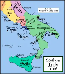 This is a political map of southern Italy in 1112 AD, the date when Roger II of Sicily reached his age of majority, also showing the border of the Kingdom of Sicily in 1154, on his death.